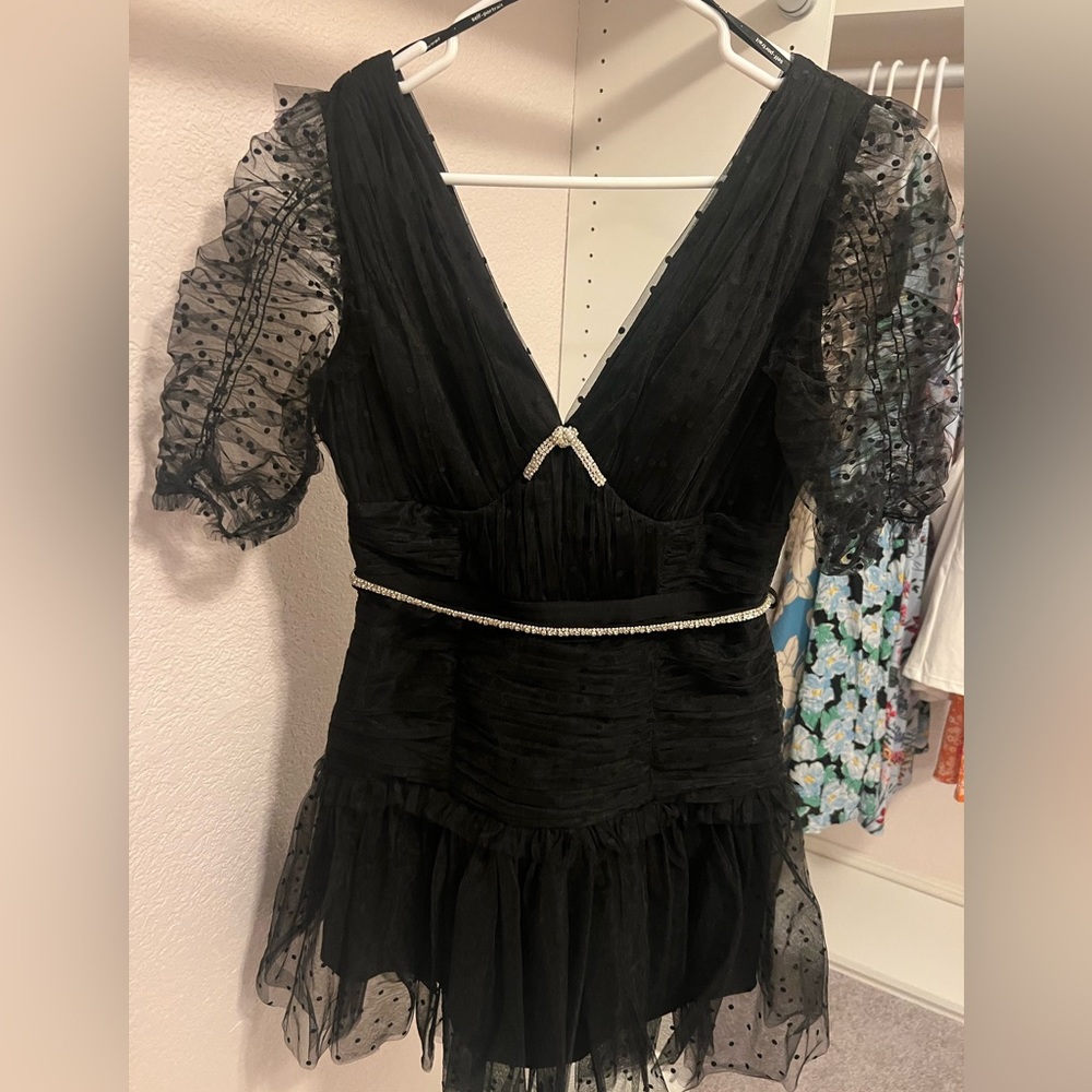 Black, Ruched dress with diamanté accents